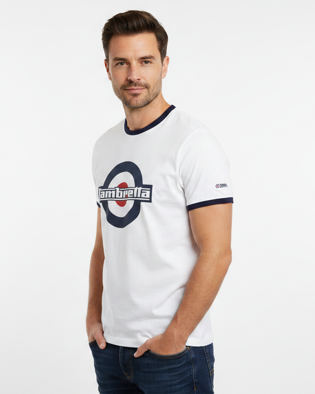 Male model wearing white Lambretta ringer tee - side
