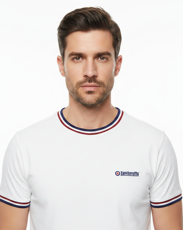 Male model wearing white Lambretta tipped tee - front