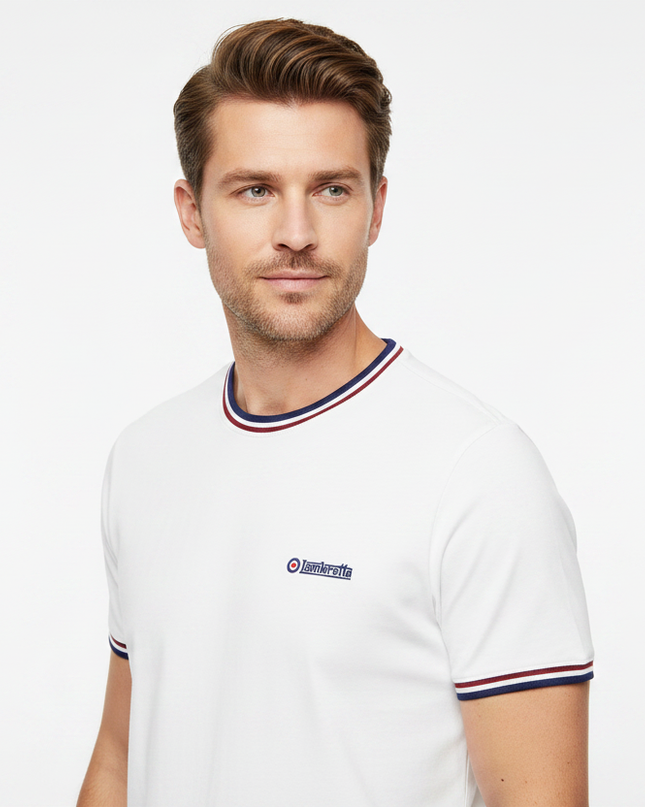 Male model wearing white Lambretta tipped tee - side