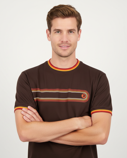 Man wearing brown retro stripe tee, upper body