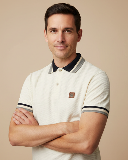 Man wearing cream jacquard polo shirt, upper body