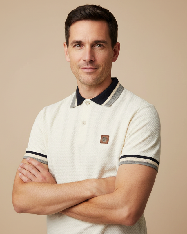 Man wearing cream jacquard polo shirt, upper body