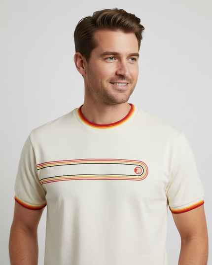 Man wearing cream retro stripe tee, upper body