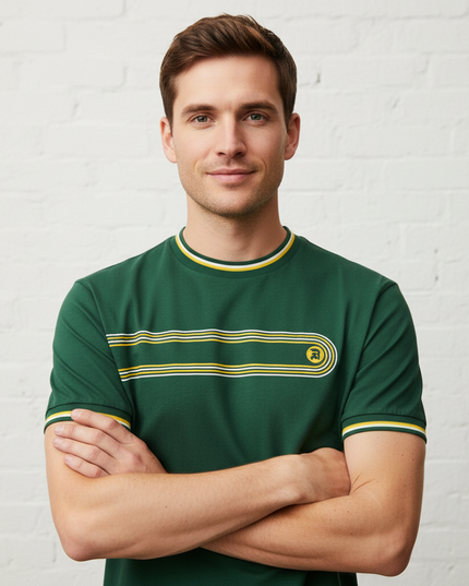 Man wearing forest green retro stripe tee, upper body