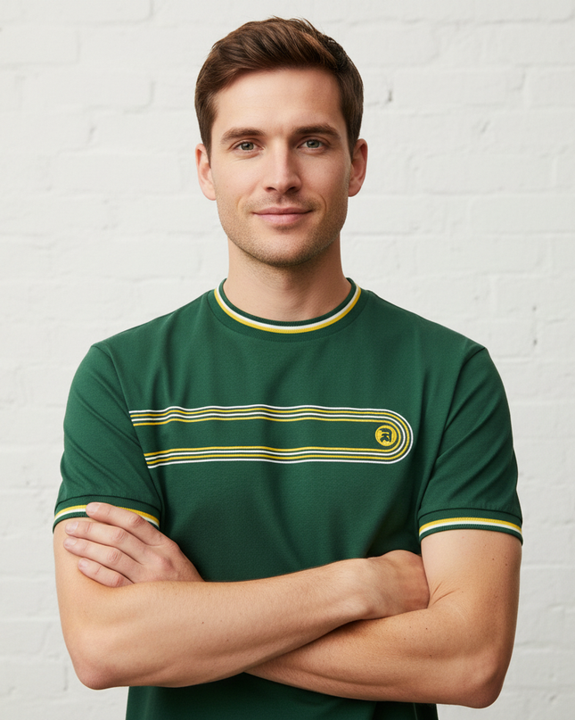 Man wearing forest green retro stripe tee, upper body