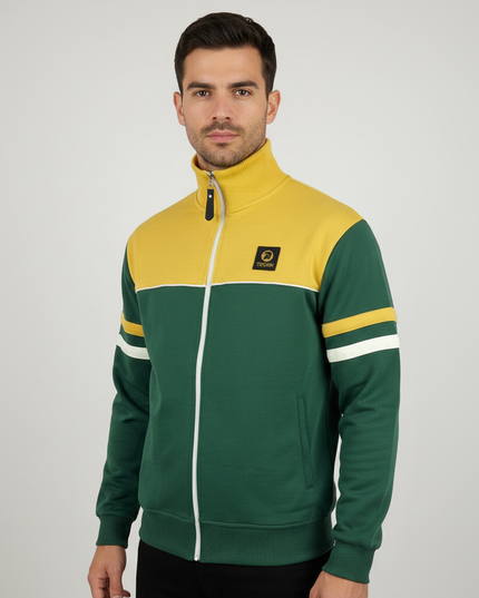 Man wearing green and yellow track top, upper body