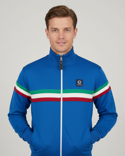 Man wearing royal blue track top with tricolour stripes, upper body