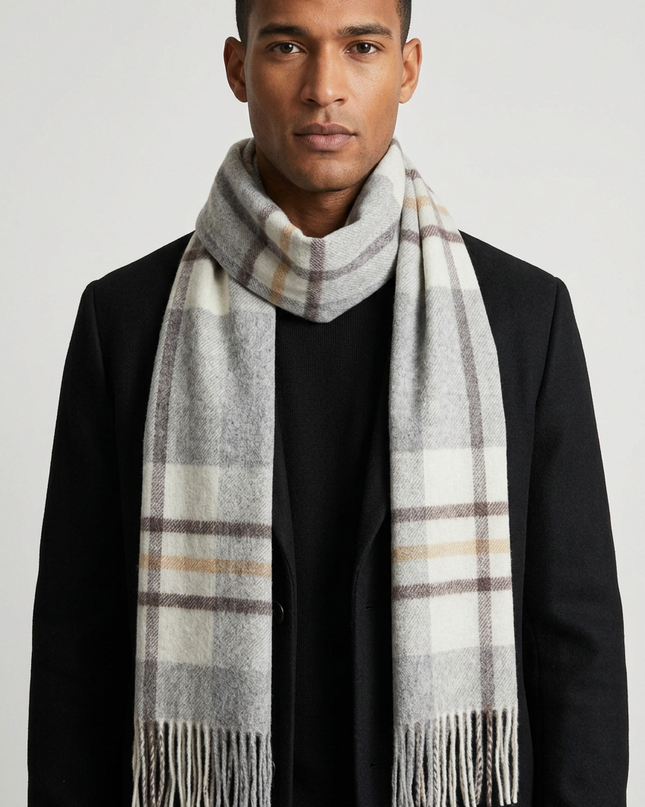 Heritage Pure Wool Grey Natural Check Scarf