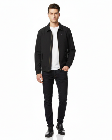 Mod male model wearing black Lambretta Harrington jacket