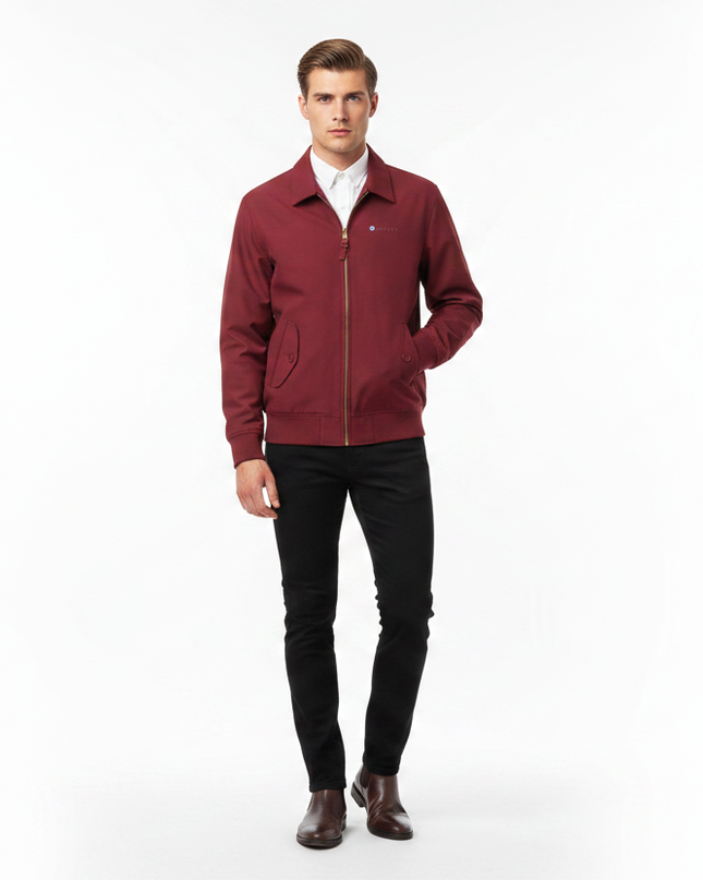 Mod male model wearing burgundy Lambretta Harrington jacket