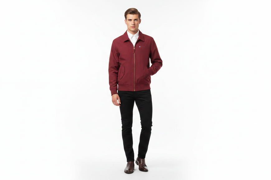 Mod male model wearing burgundy Lambretta Harrington jacket
