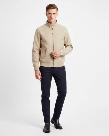Mod male model wearing stone Lambretta Harrington jacket
