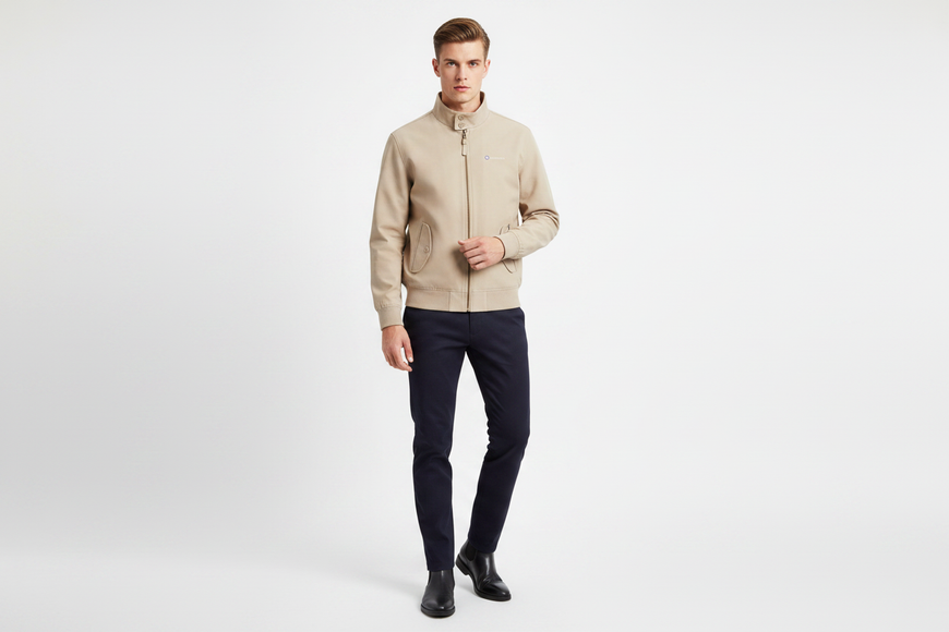 Mod male model wearing stone Lambretta Harrington jacket