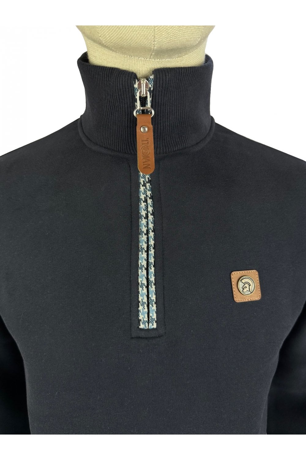 TROJAN Houndstooth Trim 1/4 Zip Sweater TR/8805 Navy - Raw Menswear