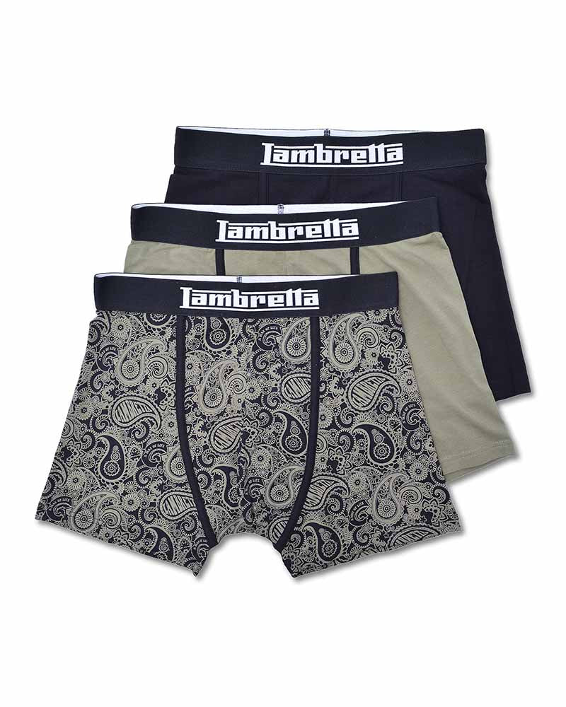 Lambretta 3 Pack Paisley Boxer Shorts Khaki/Black - Raw Menswear