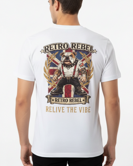 Retro Rebel Bulldog Back Print Tee in White - 136