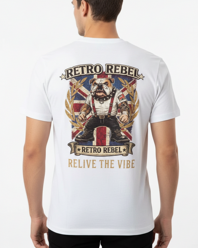 Retro Rebel Bulldog Back Print Tee in White - 136