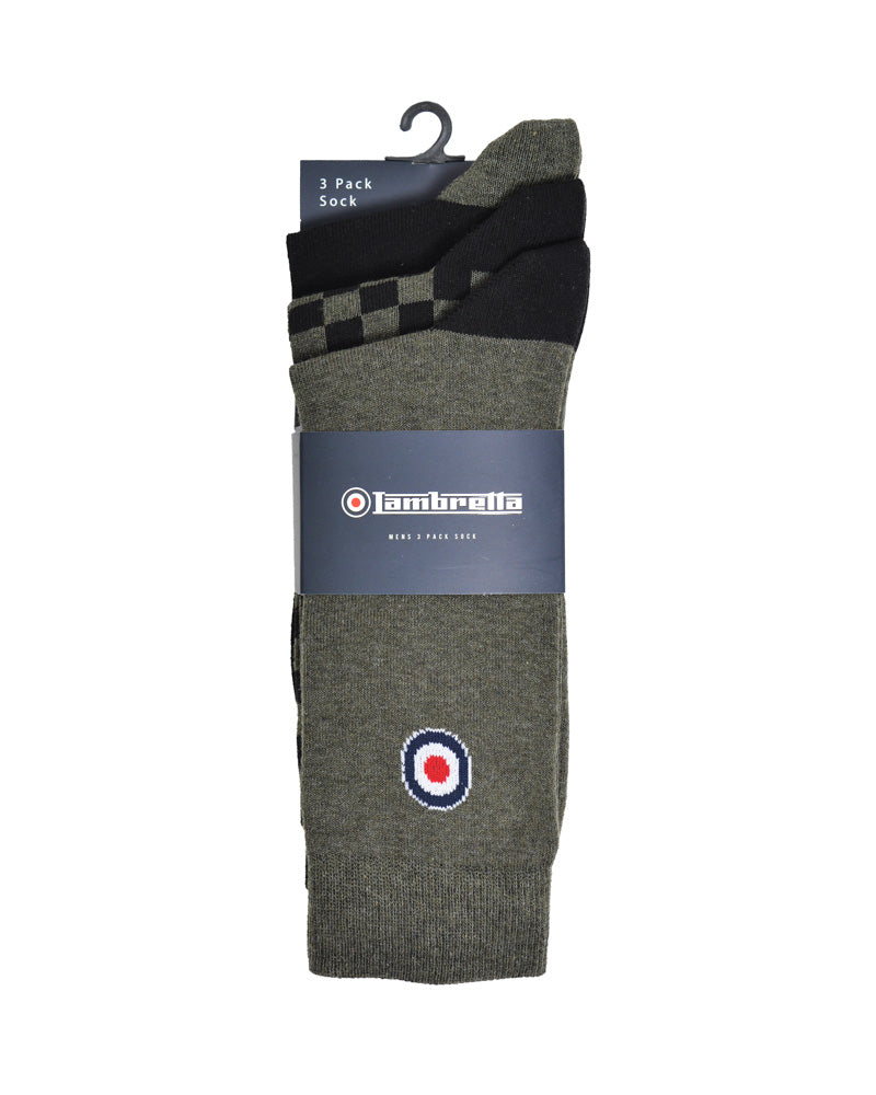 Lambretta 3 Pack Checker Socks Khaki/Black - Raw Menswear