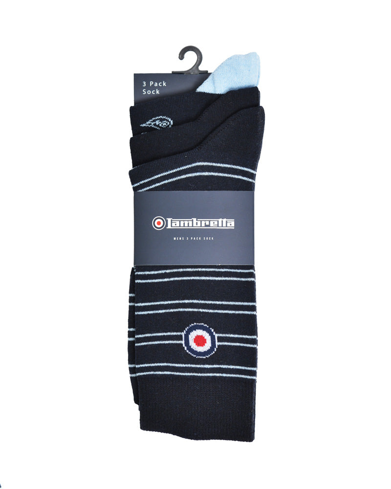 Lambretta 3 Pack Paisley Socks Navy/Sky - Raw Menswear