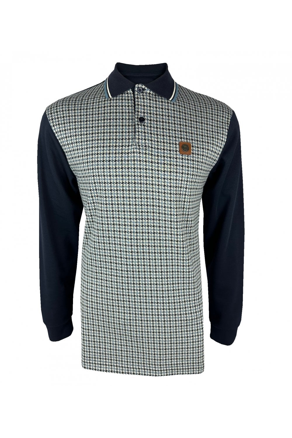 TROJAN Houndstooth Panel Long Sleeve Polo TR/8935 Navy - Raw Menswear