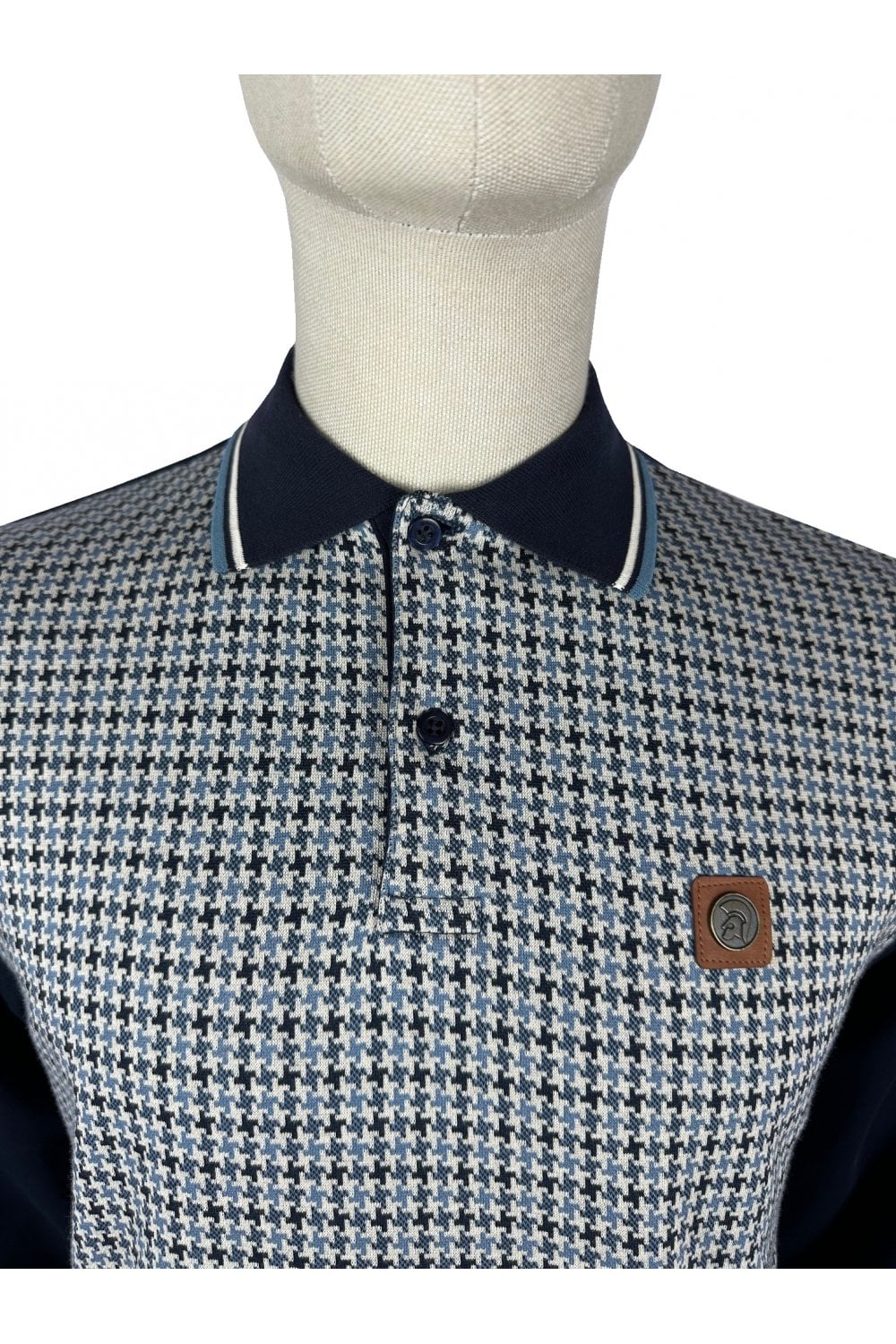 TROJAN Houndstooth Panel Long Sleeve Polo TR/8935 Navy - Raw Menswear