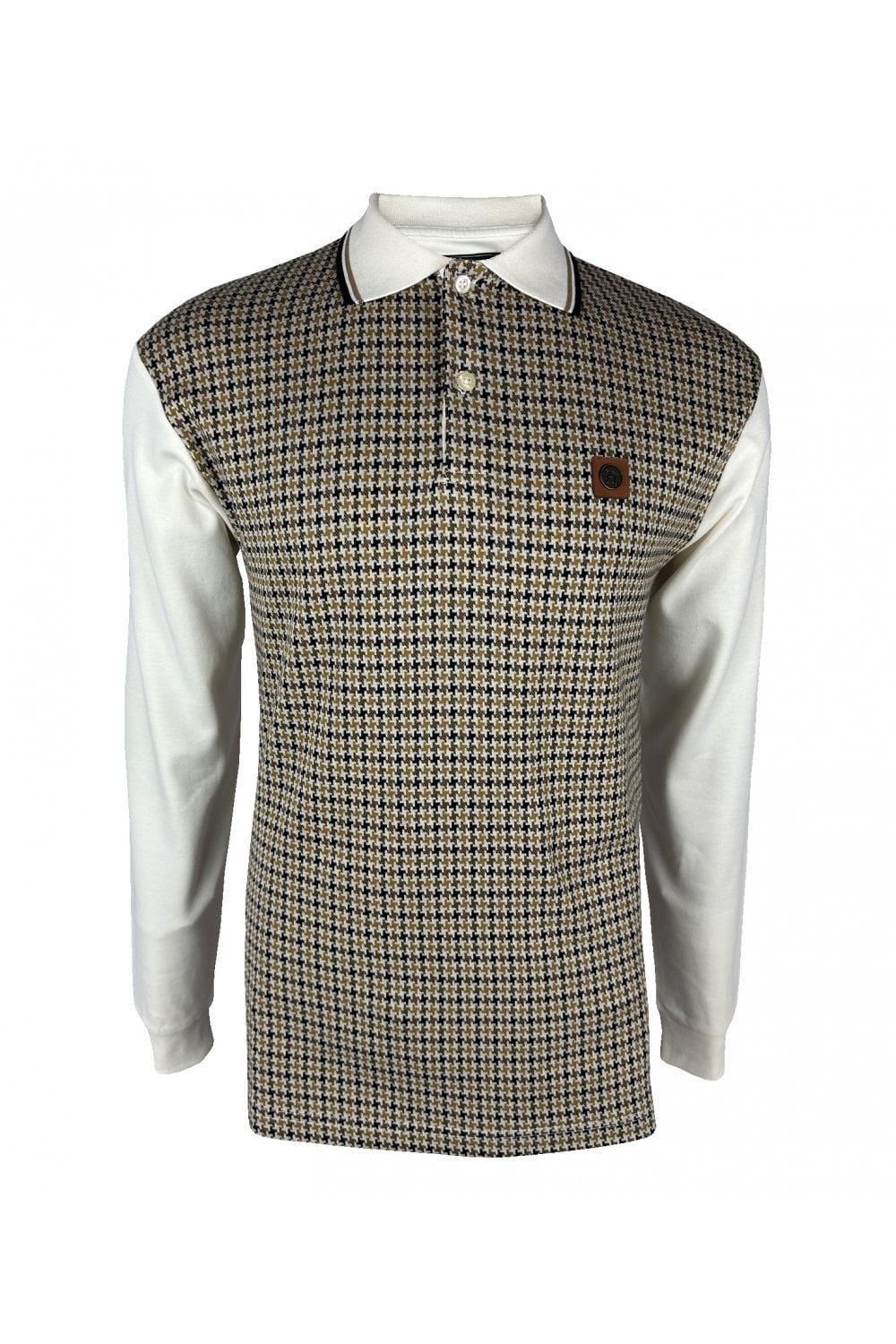 TROJAN Houndstooth Panel Long Sleeve Polo TR/8935 Ecru - Raw Menswear