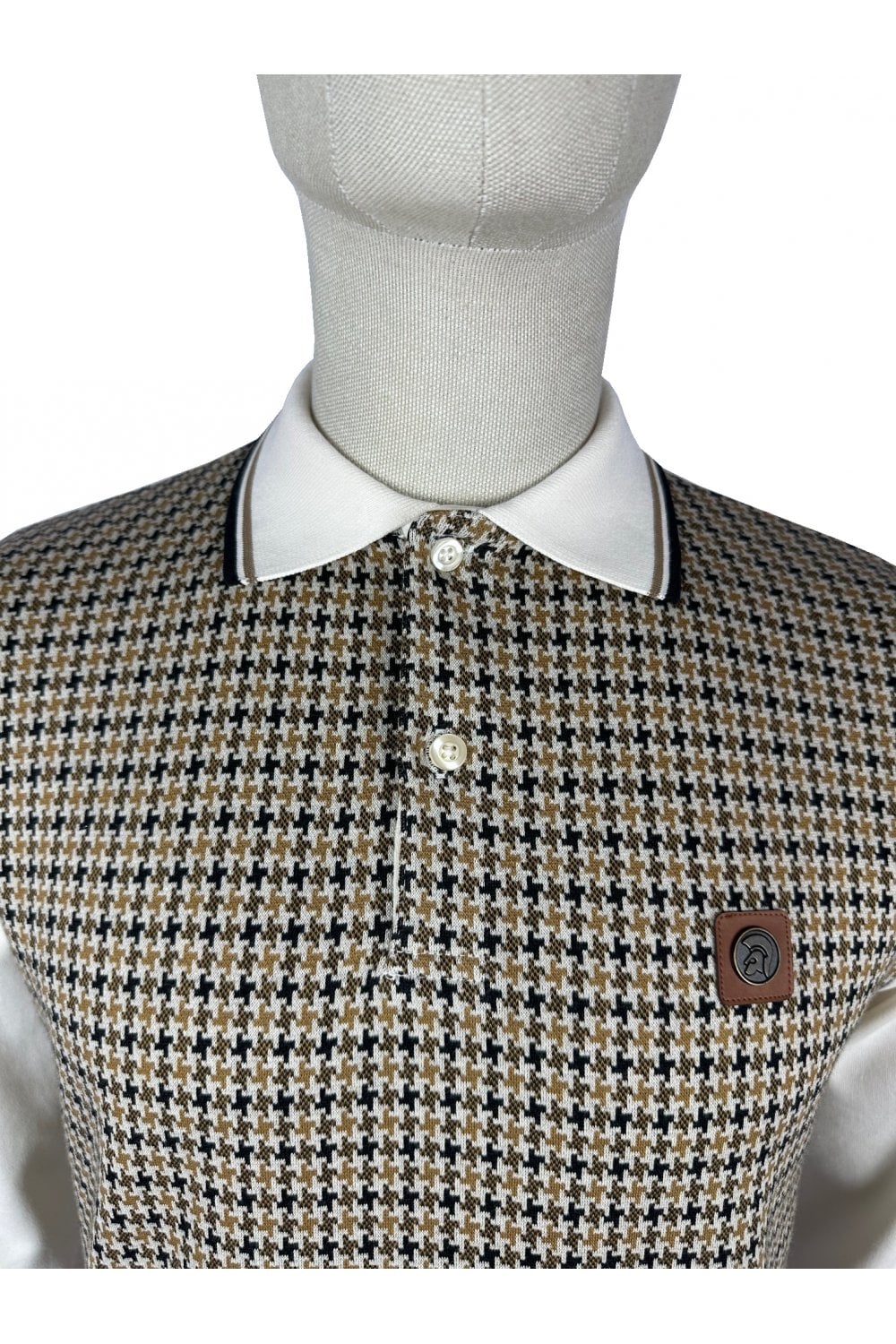 TROJAN Houndstooth Panel Long Sleeve Polo TR/8935 Ecru - Raw Menswear