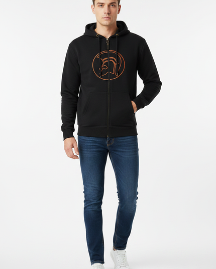 Trojan Outline Logo Zip Hoodie Black - Model Shot