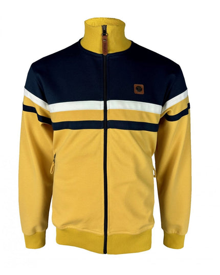 Yellow and black Trojan tracksuit top with white stripes