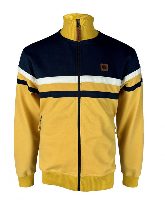 Yellow and black Trojan tracksuit top with white stripes