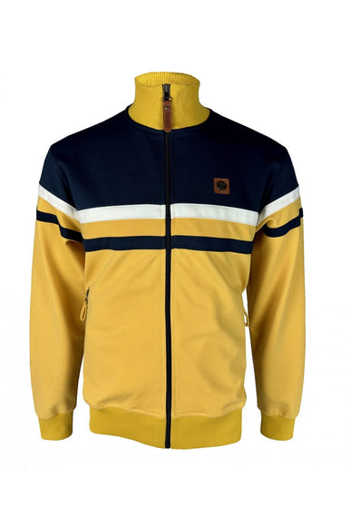 Yellow and black Trojan tracksuit top with white stripes