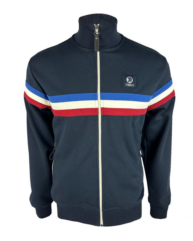Navy Trojan track jacket with red, white, and blue stripes 