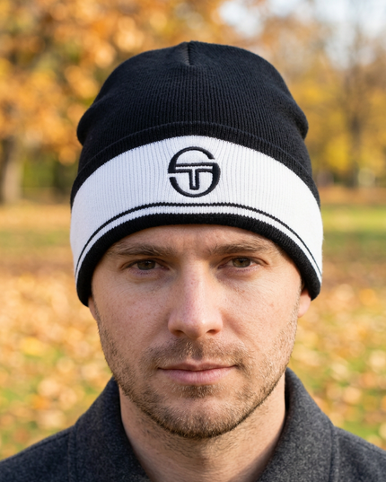 White male model wearing the black beanie in a park on a bright autumn day