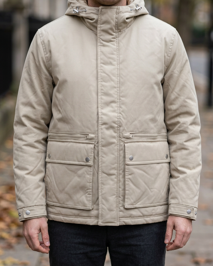 White male model wearing the reference jacket on an autumn winter day in the UK