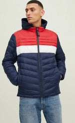 Load image into Gallery viewer, Jack &amp; Jones Hero Lightweight High Neck Puffer Jacket Navy/Red/White - Raw Menswear
