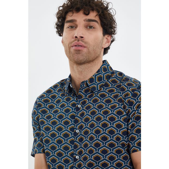 Threadbare Birchfield Short Sleeve Geo Print Shirt Navy - Raw Menswear